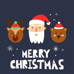Christmas card. Cute xmas portraits, Canta Claus, Rudolf deer and winter bear, funny decor faces, postcard, print or poster, lettering and showflake vector cartoon isolated set
