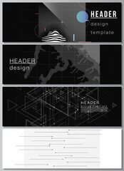 Vector layout of headers, banner design templates for website footer design, horizontal flyer design. Abstract technology black color science background. Digital data visualization. High tech concept.