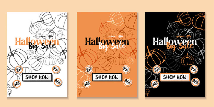 Promotional banner with information about discounts on Halloween and a picture of a pumpkin. The set includes different variations of the promo design