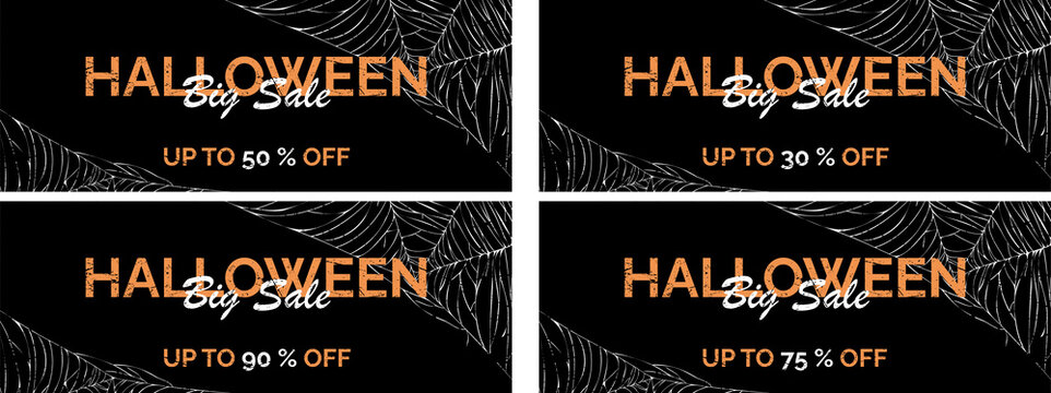 Promotional banner with information about discounts on Halloween and an image of a spider web. The set includes different variations of discount percentages.