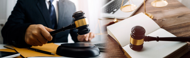 Business and lawyers discussing contract papers with brass scale on desk in office. Law, legal services, advice, justice and law concept picture with film grain effect
