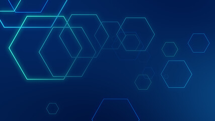Abstract hexagon geometric blue neon lights technology dark background.