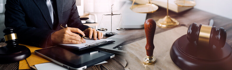 Business and lawyers discussing contract papers with brass scale on desk in office. Law, legal services, advice, justice and law concept picture with film grain effect