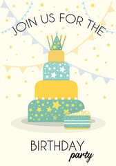 Hand-drawn large birthday cake. Birthday card for a boy or a girl. Cute illustration. Vertical greeting card for children. Vector illustration in a flat style.