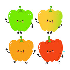 Funny cute happy colored pepper characters bundle set. Vector kawaii line cartoon style illustration. Cute colored pepper mascot character collection