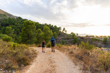 Woman and man hikers equipped with backpacks, walking along a dirt track, surrounded by nature, on a sunny afternoon.