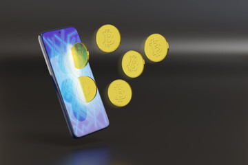 Bitcoin getting out of a mobile phone. 3d illustration.
