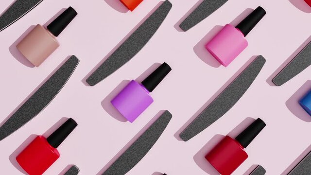 Cosmetic products for manicure. Bright multi-colored nail polishes shellac and nail files move on trendy pastel pink background. Colorful 3d banner. Beauty pattern. 