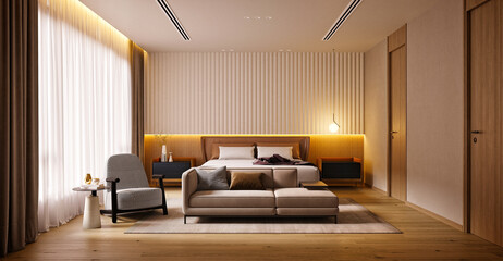 3d render of hotel room, modern bedroom