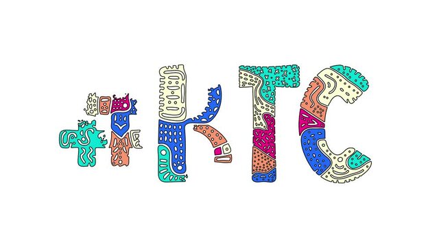 Hashtag #BTC. Animated text isolated on White background, 4K video. Colored funny doodle letters, unique style. Trendy popular Hashtag BTC for social network media, title video intro.