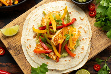 Tasty Halloumi cheese Fajitas with tortilla mix pepper and guacamole. Healthy food