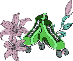 vector illustration green roller skates and lilies,for cards,invitation
