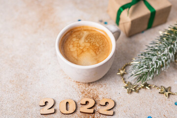 new year background christmas coffee and decorations on the table holiday decor gifts food background rustic top view copy space