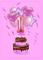 Happy first birthday card. vector illustration