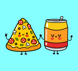 Cute, funny happy pizza and soda character. Vector hand drawn cartoon kawaii characters, illustration icon. Funny cartoon pizza and soda friends concept