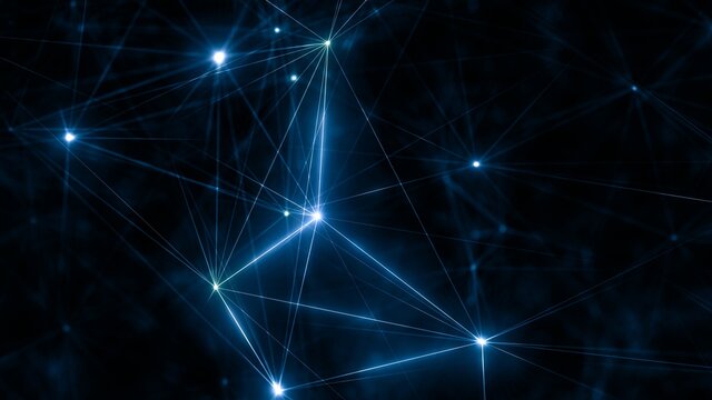 Blue glowing grid of artificial network in three-dimensional logic space on microscopic level abstract Plexus elements web. 3D illustration concept banner background for music logic and meditation ban