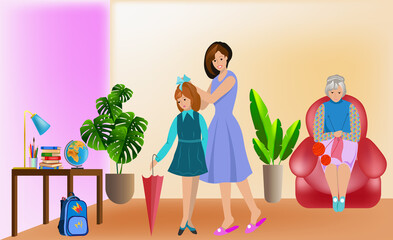 The family takes the girl to school. Mom ties a bow to the girl. Grandma is sitting in a chair and knitting a sweater. 