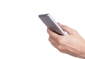 Smartphone in women's hand isolated on white background. Mock up of using of communication device and gadgets