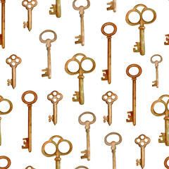 Seamless pattern with old watercolor keys