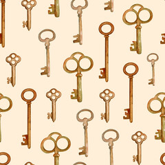 Seamless pattern with old watercolor keys