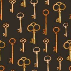 Seamless pattern with old watercolor keys
