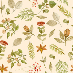 Seamless pattern with watercolor  vintage autumn plants