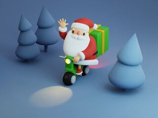 Santa Claus Riding Motorbike and Waving Hand in Night Forest. Christmas Gift Delivery 3d rendering illustration.