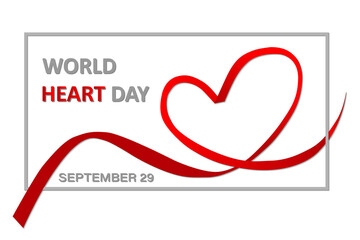 The poster of the World Heart Day. September 29. red ribbon in the shape of a heart in a frame on a light background. Vector illustration.