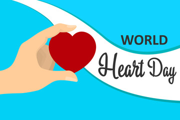 A creative illustration of the concept of the World Heart Day, a banner or a poster.The emblem of the World Heart Day with the image of a red heart in the hand . Vector illustration.