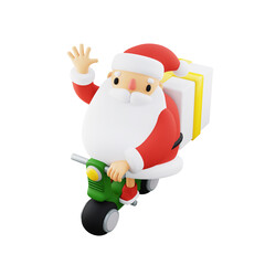 Santa Claus Riding Motorbike and Waving Hand in Night. Christmas Gift Delivery Service 3D rendering illustration.