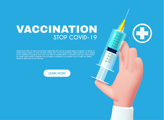 Vaccination 3D design. Coronavirus 2019 Vaccile. Stop Coronavirus design with realistic syringe. Healthcare - obrazy, fototapety, plakaty