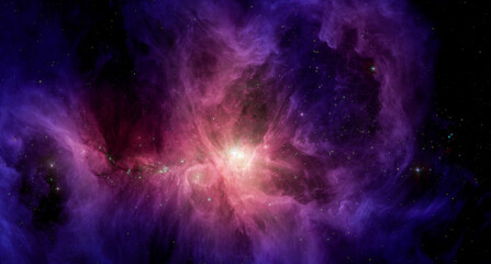 Space nebula. Cosmic cluster of stars. Glowing distant galaxy. Starry field. Outer space abstract background. Mixed media