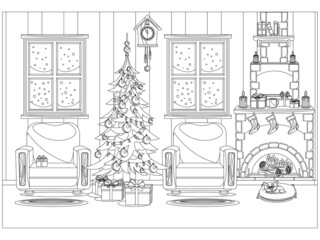 Fototapeta premium Coloring book for kids and adults in the form of a vector room prepared for the celebration of the new year and Christmas.