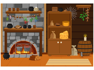 Old kitchen with stone hearth, wardrobe and kitchenware. Vector illustration, set.