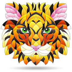 An illustration in the style of a stained glass window with a tiger's head, a portrait of an animal isolated on a white background