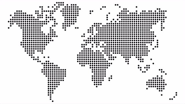Dotted abstract world map. Dotted world map animation. 4K. Pixel mosaic map of World. Halftone design.