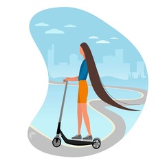 girl on an electric scooter is walking in a city park. Vector cartoon illustration for banners, websites, applications. Quick Ecological Ride