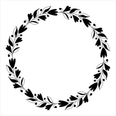 Floral hand drawn round frame with leaves and flowers, wreath vector clipart