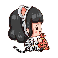 Vector illustration of cute chibi character isolated on white background. Cartoon girl in tiger costume for chinese new year 2022. 
