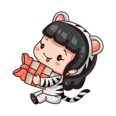 Vector illustration of cute chibi character isolated on white background. Cartoon girl in tiger costume for chinese new year 2022. 