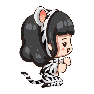 Vector illustration of cute chibi character isolated on white background. Cartoon girl in tiger costume for chinese new year 2022. 