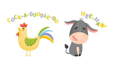Cute baby animals making sounds set. Rooster and donkey saying vector illustration