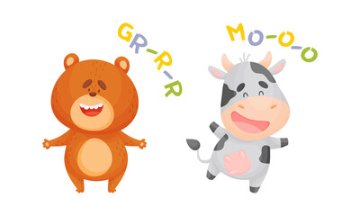 Obraz na płótnie Canvas Cute baby animals making sounds set. Bear and cow saying grrr and moo vector illustration