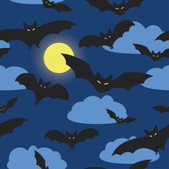 Halloween seamless patterns with flying bats on the background of the moon and clouds. Holiday vector illustration. Bat silhouettes endless texture.
