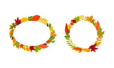 Round and oval frames of autumn colorful leaves set. Banner, poster, card, invitation design vector illustration
