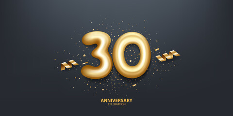 30th Year anniversary celebration background. 3D Balloon golden numbers with confetti on black background.