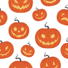 Halloween Pumpkins seamless pattern. Orange smiling hand drawn pumpkins on white background. Holiday party vector illustration.