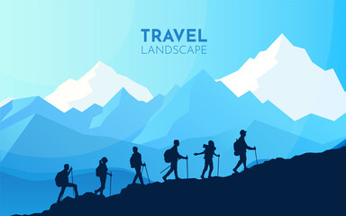 Sports team climb a mountain. Cooperation. Travel concept of discovering, exploring, observing nature. Hiking tourism. Adventure. Minimalist graphic flyers. Polygonal flat design. Vector illustration - obrazy, fototapety, plakaty