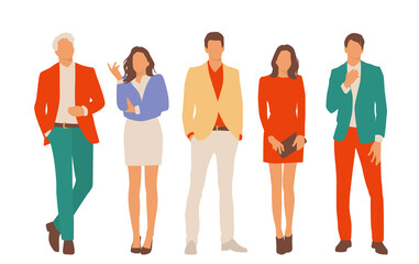 Obraz premium Set of young men and women, different colors, cartoon character, group of silhouettes of standing business people, students, the design concept of flat icon, isolated on white background