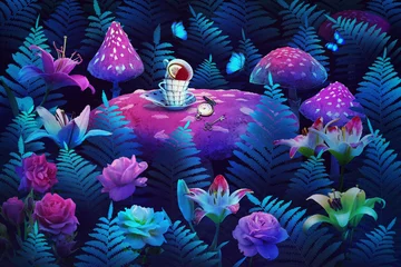 Foto op Aluminium fantastic wonderland forest landscape with mushrooms and flowers.  Mad tea party. illustration © svetlanasmirnova
